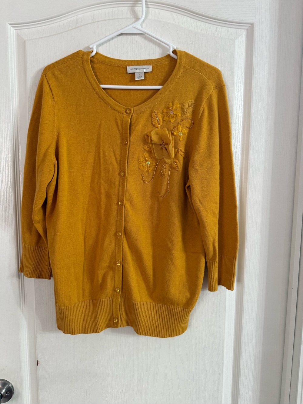 Christopher & Banks Mustard Flower Embellished Cardigan Sz L. MY-44